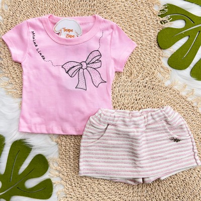 Conj. Blusa "Menina Linda" e Short Saia Listrado - Rosa